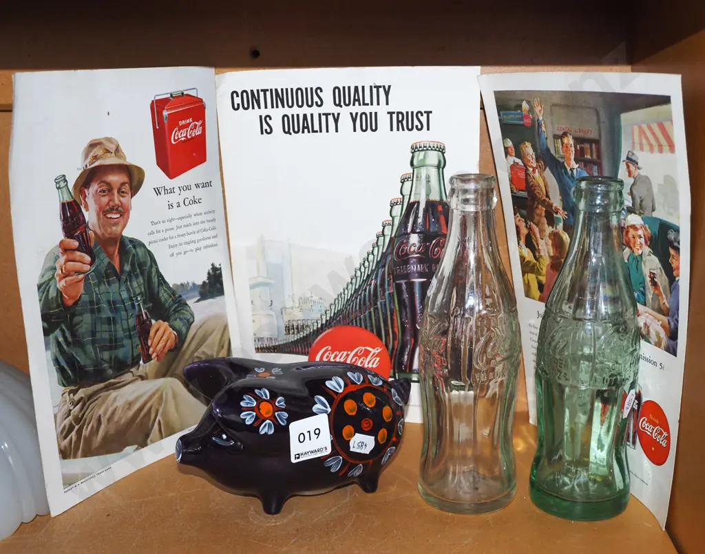 2x vintage Coke bottles, ceramic piggy bank, 3x Coca Cola advertisements Image 1++