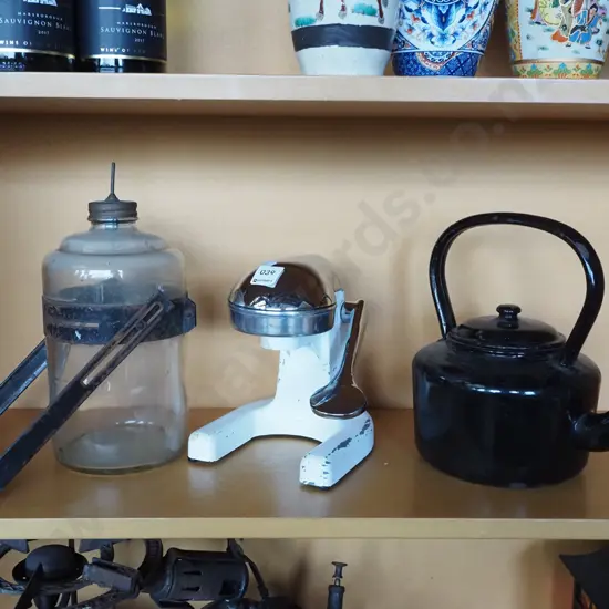 enamel tea pot, orange juicer, chicken waterer