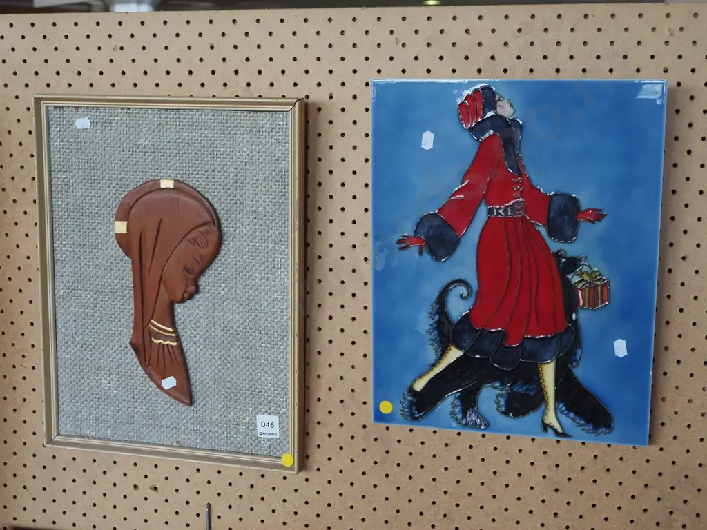 ceramic picture tile, carved wooden religious artwork - yellow dots Image 1++