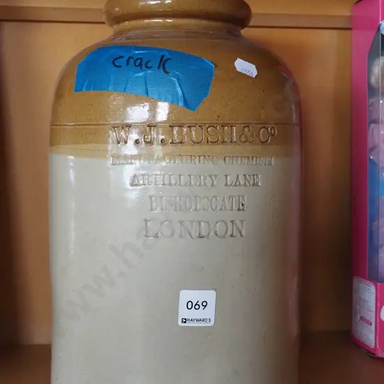 WJ Bush & Co wide mouth storage crock - has crack and chips