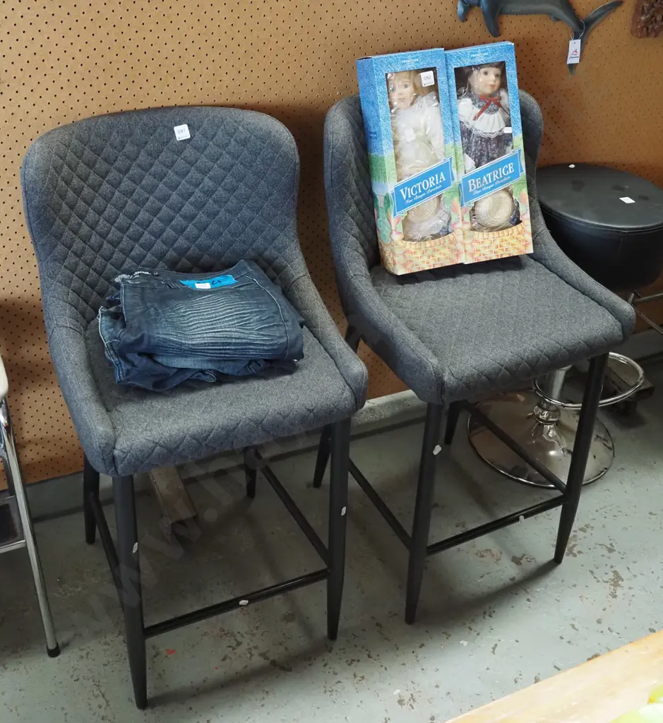 pair of grey upholstered bar stools Image 1++