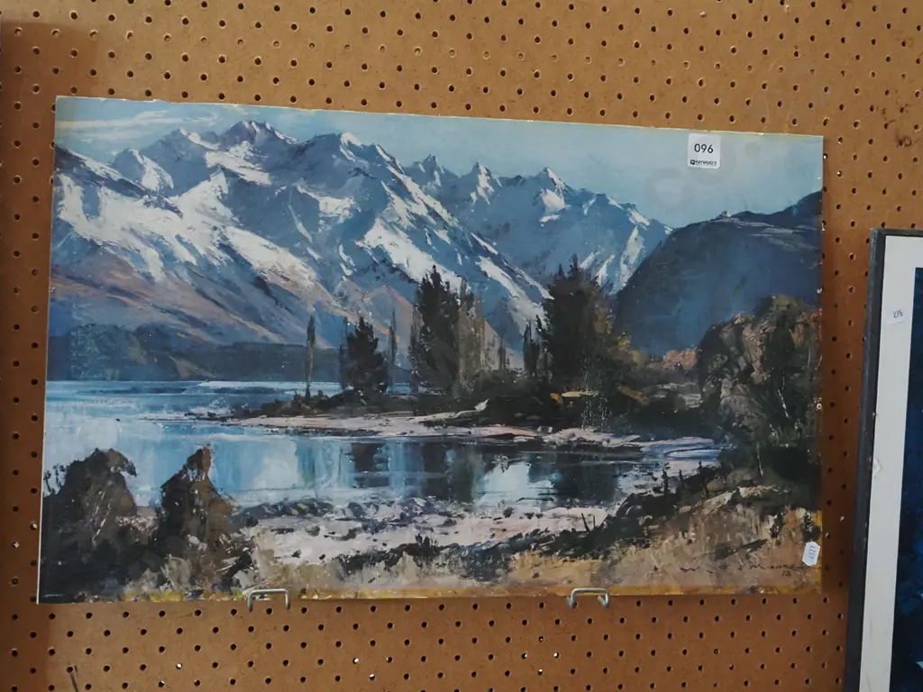 unframed WF Moore print - lake and mountain scene Image 1++