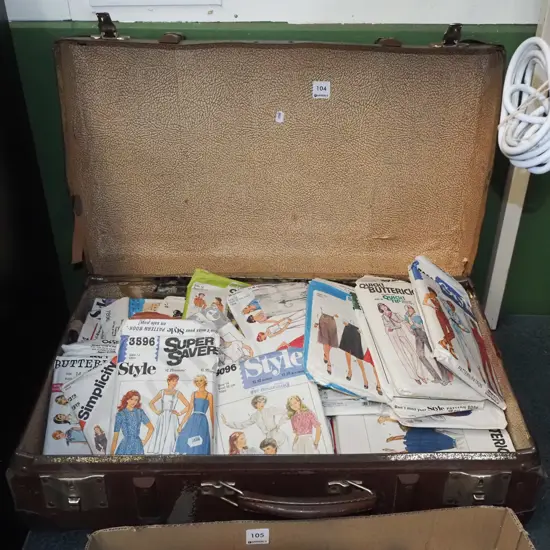 vintage suitcase, sewing patterns