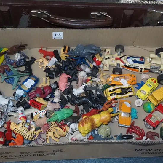 box; plastic toys, model vehicles