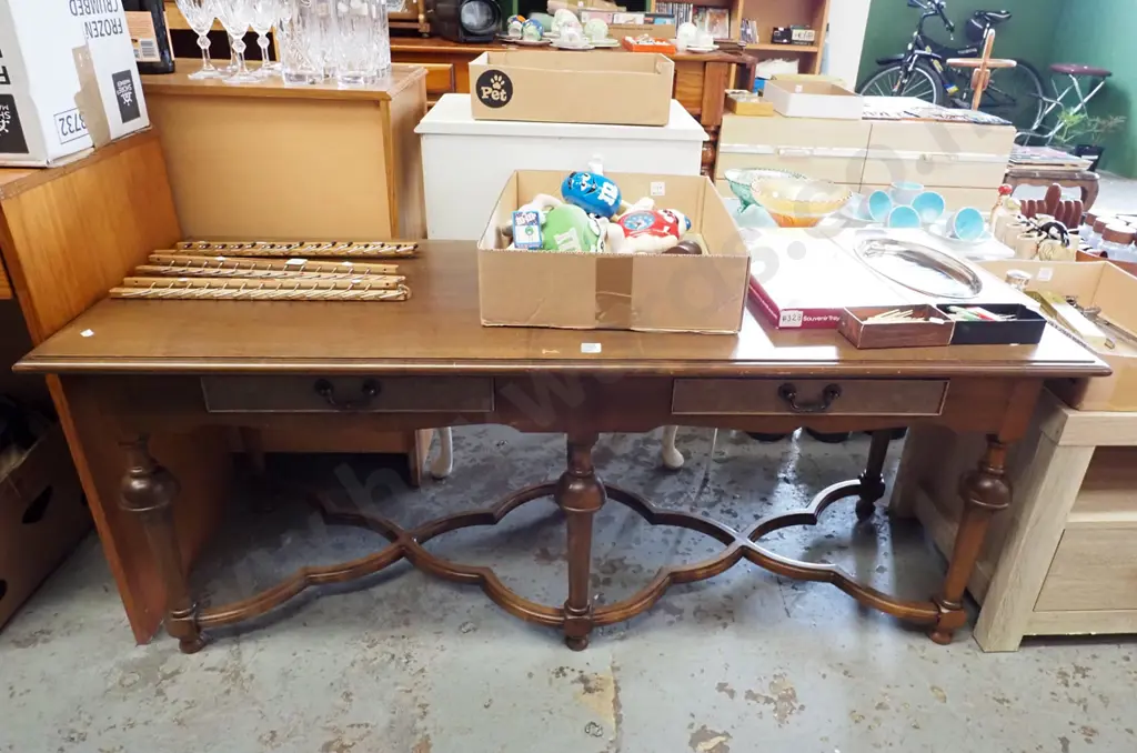 mahogany unusual reproduction hall table with turned legs, cross stretcher base Image 1++