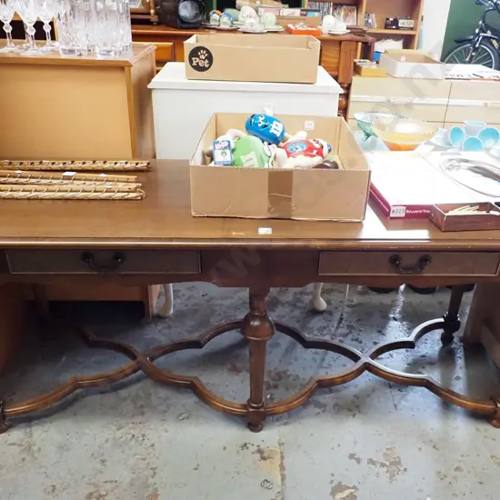 mahogany unusual reproduction hall table with turned legs, cross stretcher base