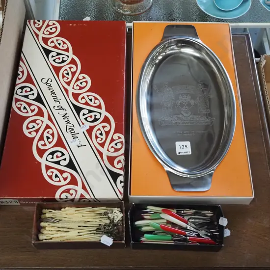 city of Dunedin tray, cocktail forks etc