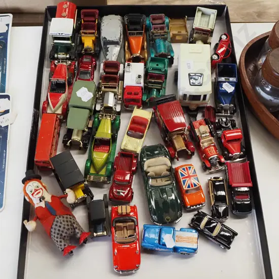 box; model vehicles, clockwork clown