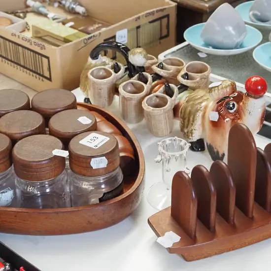 novelty sausage dog decanter, wooden toast rack, canisters etc