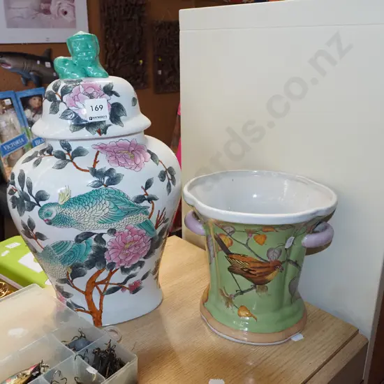 Asian lidded canister, jardiniere 