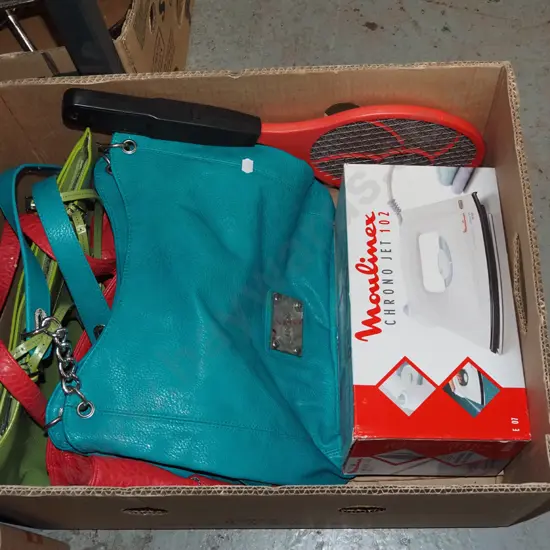box; insect swat, iron, handbags