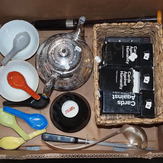 box; plated tea pot, bowls etc