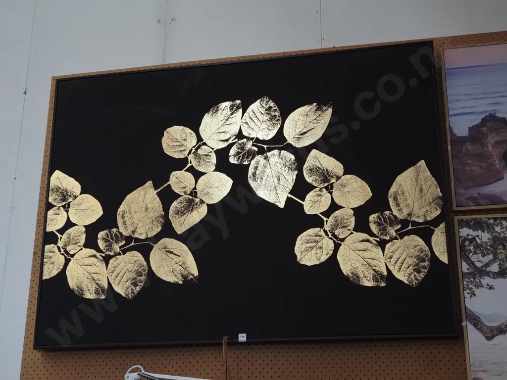 large golden leaf print on black boxed canvas H1420 W1020 Image 1++