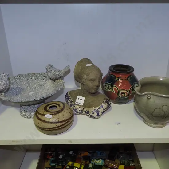 shelf; small bird bath, jug, female bust etc