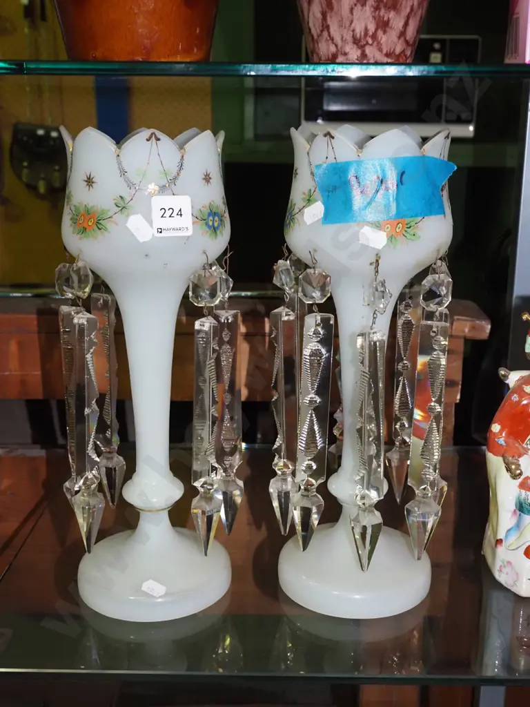 pair of hand painted milk glass Victorian vases - missing some lustres, have repairs H340 Image 1++