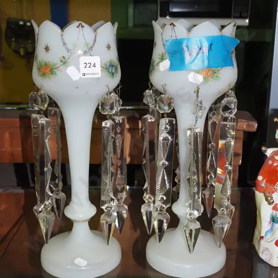 pair of hand painted milk glass Victorian vases - missing some lustres, have repairs H340