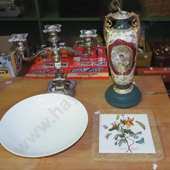 Limoges? lamp base - faults, bowl, candelabra, botanical tile