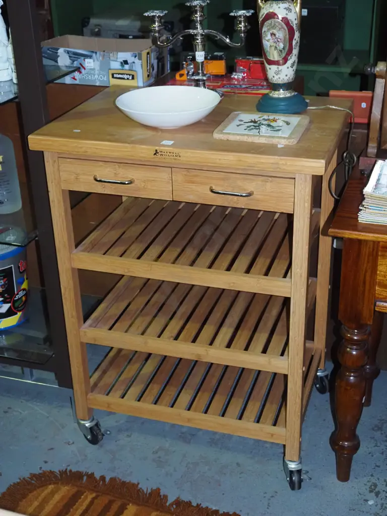 bamboo kitchen table on casters with 3 shelves, 2 drawers H935 W700 D500 Image 1++