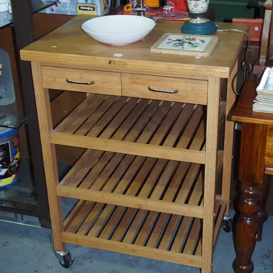 bamboo kitchen table on casters with 3 shelves, 2 drawers H935 W700 D500