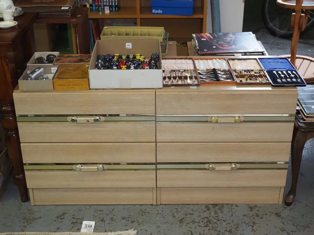 pair of 1980s mdf faux wood veneer 2 drawer chests, with brass stripes and handles Image 1++
