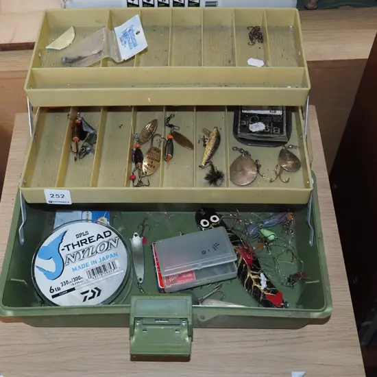 fishing tackle box and contents; lures, hooks etc