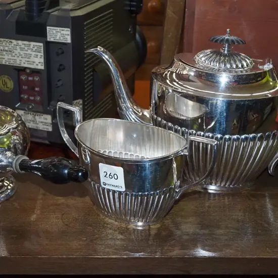 plated teapot, creamer, sugar