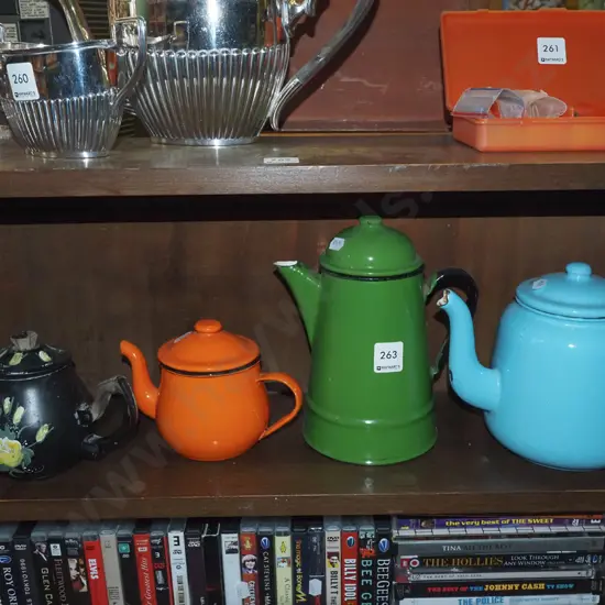 3x enamel teapots, coffee pot etc