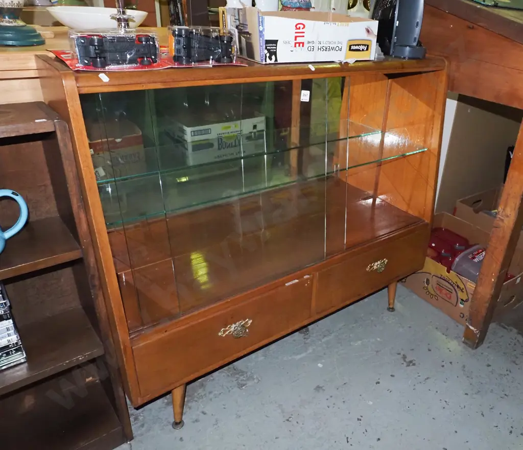mid century display cabinet with 2 drawers H930 W1085 D300 Image 1++
