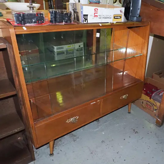 mid century display cabinet with 2 drawers H930 W1085 D300