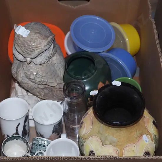 box; owl figurine, coffee cups, canisters, vase etc