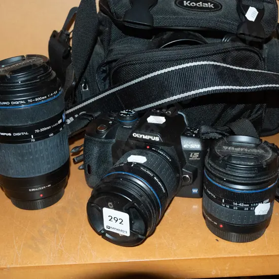 Olympus E-520 digital SLR camera with 3 lenses, bag, accessories