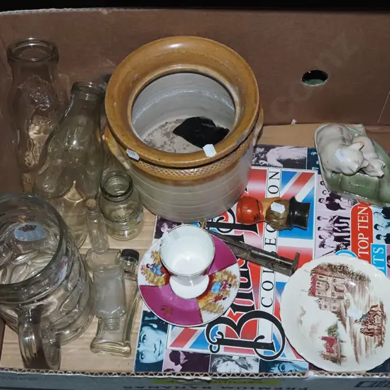 box; storage crock, beer stein, milk bottles etc