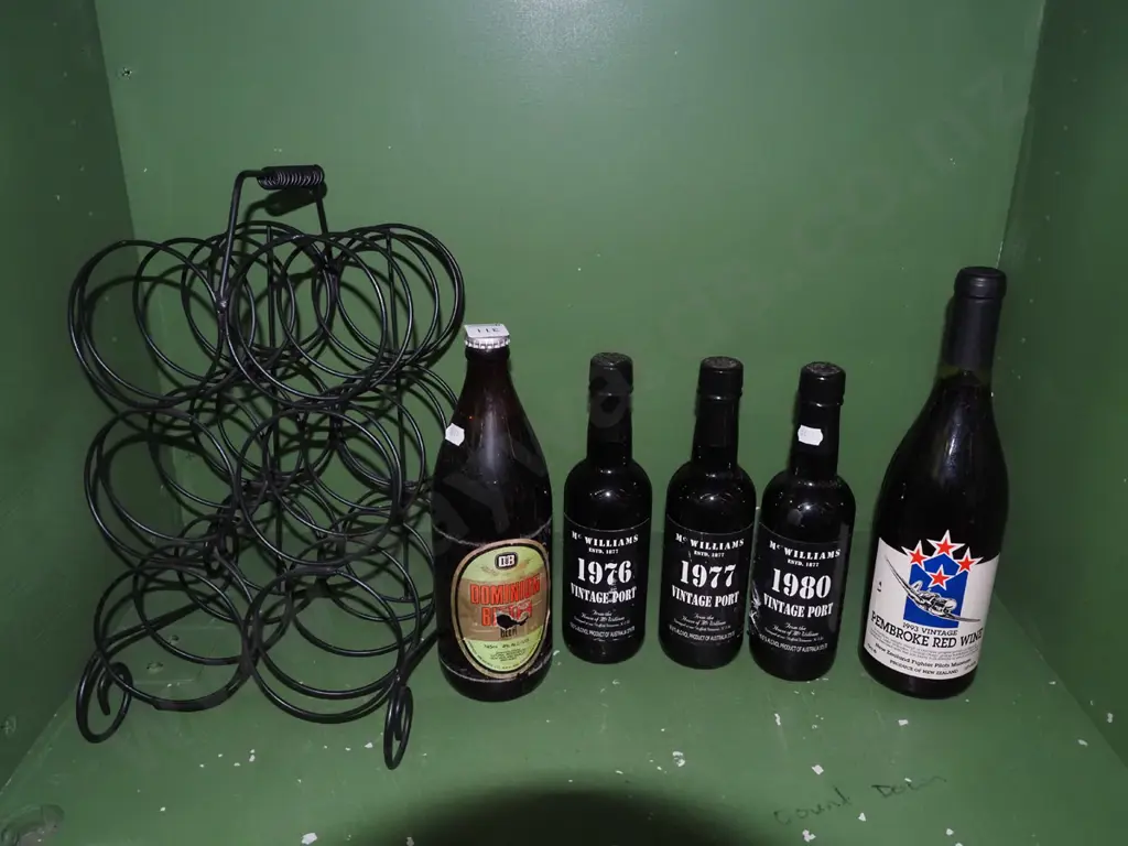 metal wine rack, vintage port, Pembrook 1993 wine and Dominion Bitter beer Image 1++