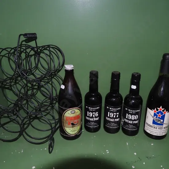 metal wine rack, vintage port, Pembrook 1993 wine and Dominion Bitter beer