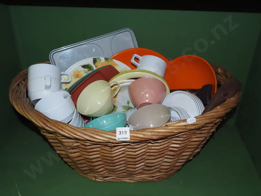 cane wood basket, plastic picnic ware Image 1++