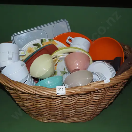 cane wood basket, plastic picnic ware