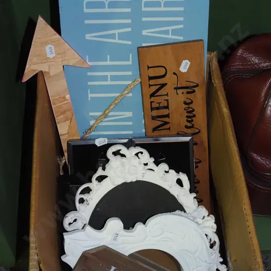 box; picture frames, wall mottos etc