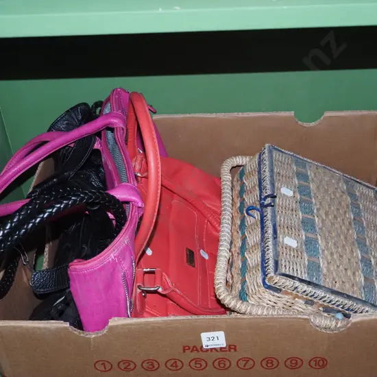 box; hand bags, sewing box