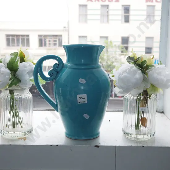blue ceramic water jug, fux flowers, 2x vases