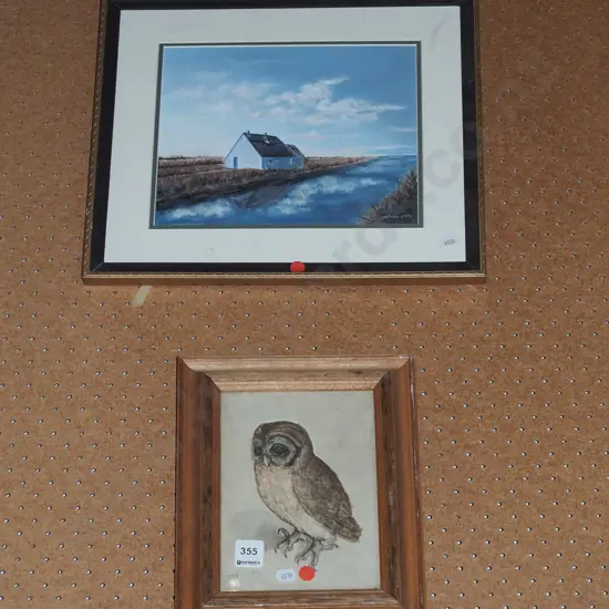 framed oil - house by canal, Durer print - red dots