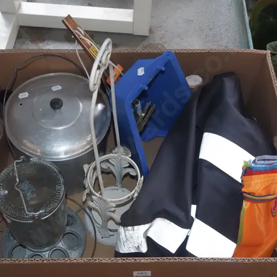 box; animal trap, hi-vis trousers, chicken waterer etc
