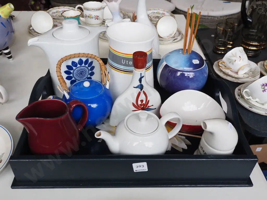 hand painted wooden tray, teapots, jugs, bowls etc Image 1++