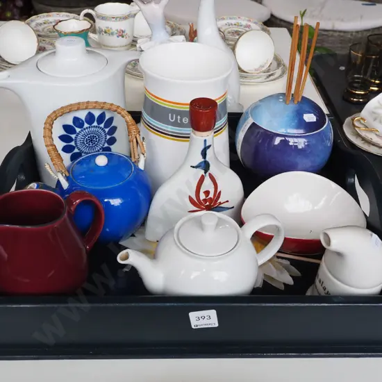 hand painted wooden tray, teapots, jugs, bowls etc