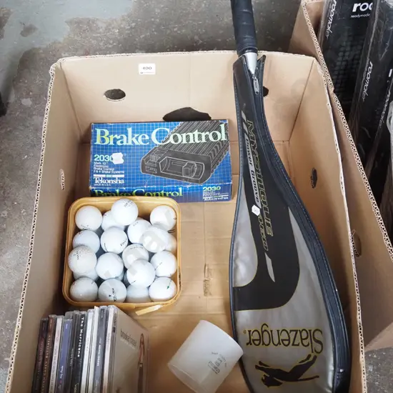 box; squash racket, golf balls, CDs etc