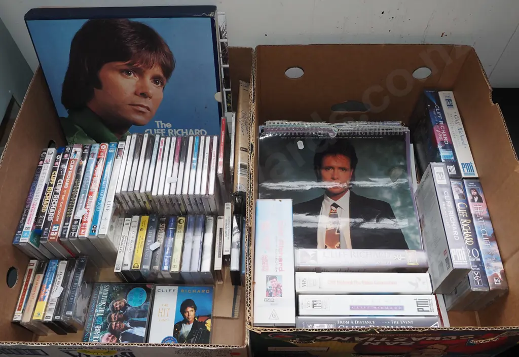 2x boxes of Cliff Richard memorabilia; LPs, calendars etc Image 1++