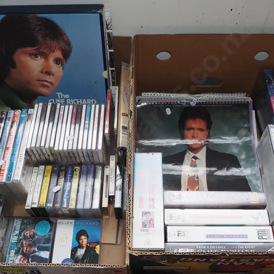 2x boxes of Cliff Richard memorabilia; LPs, calendars etc