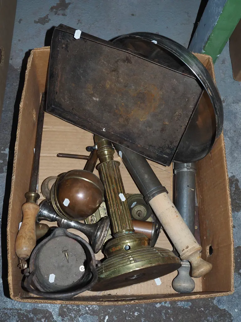 box; brass table lamp base, copper flask, stainless steel bowl etc Image 1++