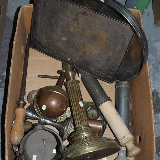 box; brass table lamp base, copper flask, stainless steel bowl etc