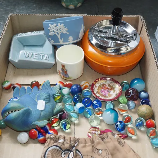 box; marbles, ashtray, jasperware bowl etc
