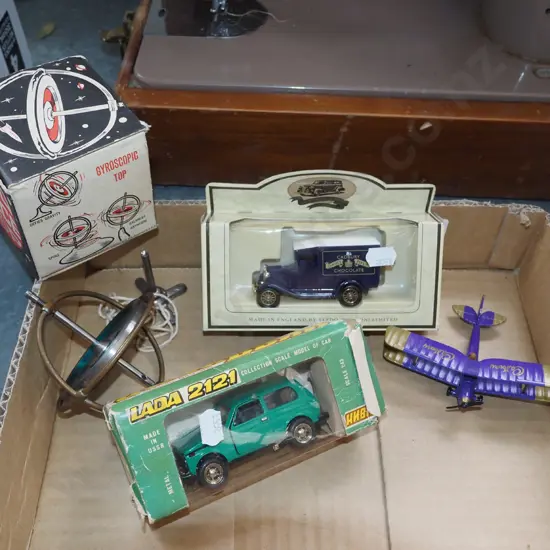 box; spinning top, model vehicles etc